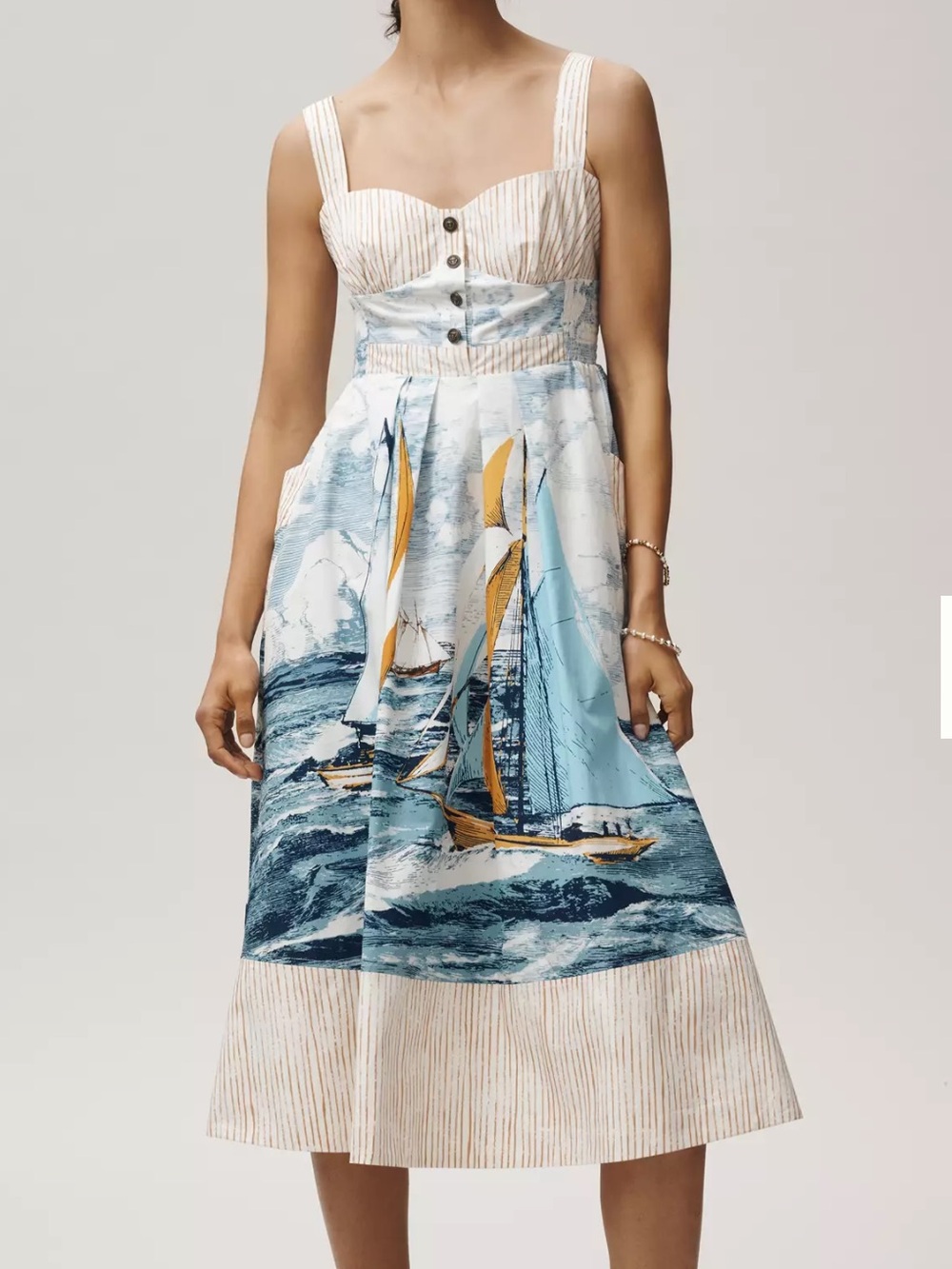 Maeve 100% cotton Blue & Cream Sailboat-Print Midi Dress